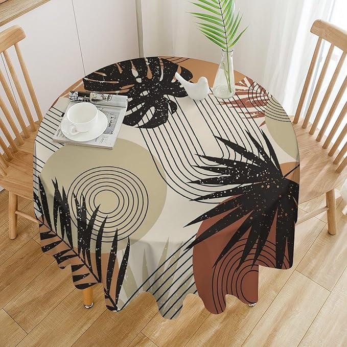 Boho Medieval Abstract Leaves Round Tablecloth, Mid Century Modern Bohemian Style Print Tablecloth for Home Party Dining Room Kitchen Decor 36Inch(90cm)