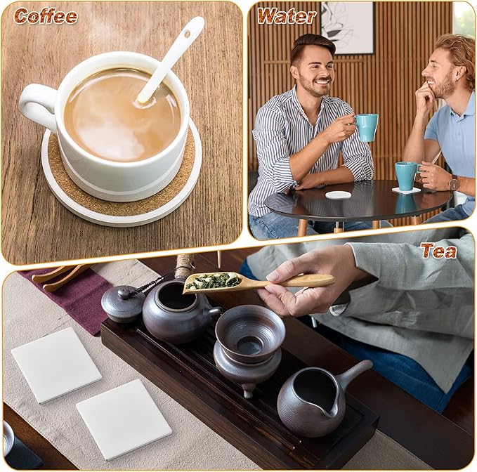 Zopeal 24 Pcs Ceramic Tiles for Crafts Coasters Include Unglazed White Ceramic Tiles with Cork Backing Pads Use with Alcohol Ink Acrylic Pouring for DIY Project Gift (Square,Round)