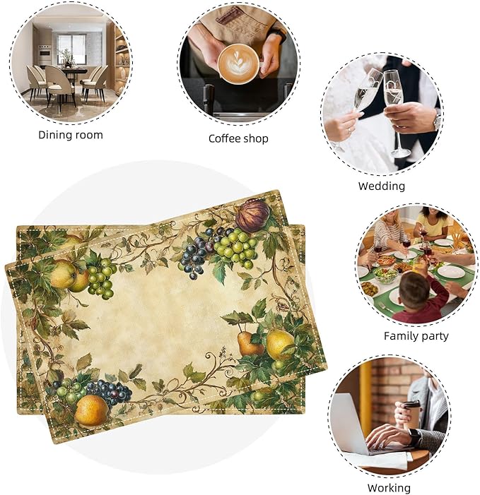 Fruit Placemats Set of 6, Fruits Grape Table Mats, Washable Place Mats for Home Party Indoor Kitchen Dining Table Decoration 12x18 Inch