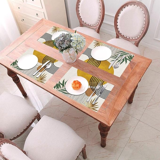 Mid Century Placemats 12x18 Inches Set of 4,Abstract Modern Boho Green Yellow Tropical Leaf Decorative Rectangle Table Mats for Party, Home Kitchen,Dining Table Decoration