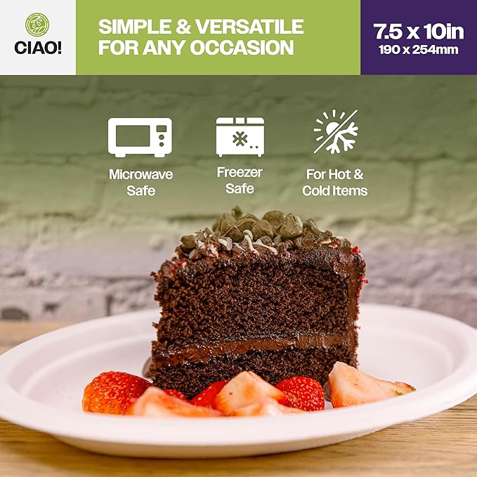 CIAO! 7.5"X10" Heavy Duty Oval Plate 100% Compostable PFAS Free made with Unbleached Bagasse Natural White (Pack of 500)