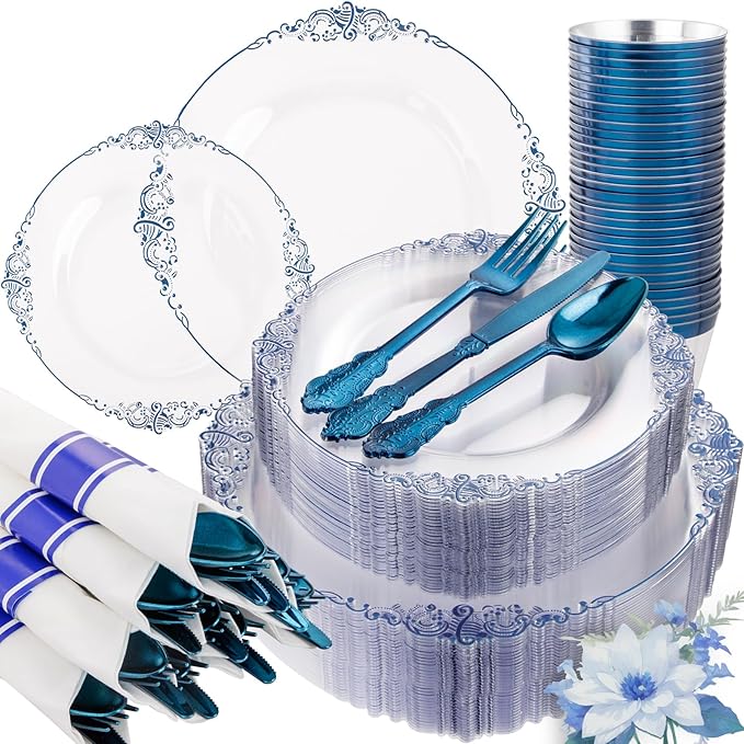 Hioasis 350pcs Clear Blue Plastic Plates - Elegant Disposable Dinnerware Set Suitable for 50 Guests Include 10.25" Dinner & 7.5" Dessert Plates, Pre Rolled Silverware Set, Cups for Party & Wedding