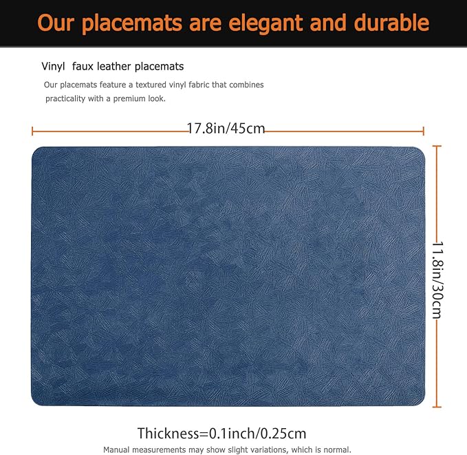 Vinyl Placemats Set of 12 Faux Leather 100% Waterproof Wipeable Washable Place Mats Heat Resistant Easy Clean Non-Slip Table Mats for Indoor Outdoor. (12,Blue)