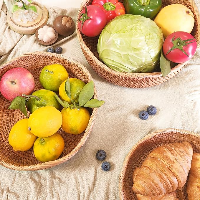 Rattan 10" Medium Wave Bread Basket for Fruit, Natural Wicker Fruit Basket for Kitchen Counter, Hand Woven Wicker Food Baskets, Bread Baskets for Serving, Gift Basket for Gifts, Vegetable, Snack, Etc.
