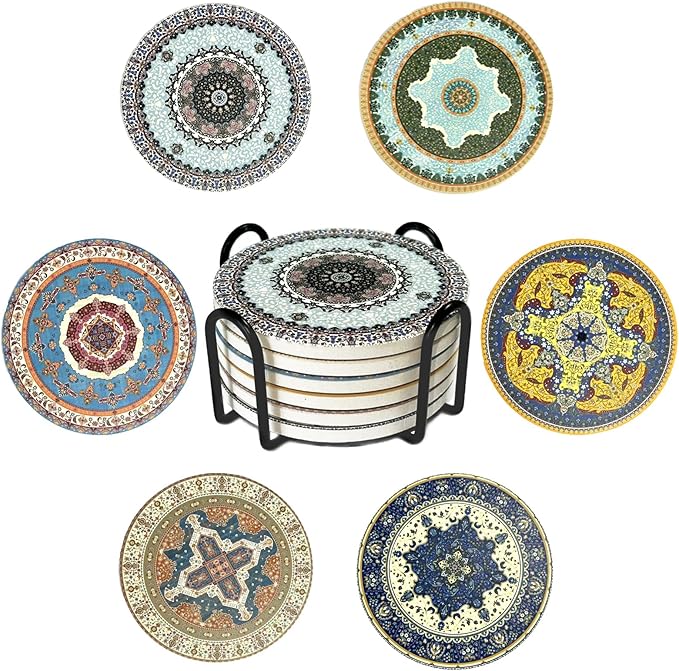 Coasters Absorbent Ceramic Coaster Drink Coasters with Cork Back Persian Pattern Set of 6 Round Coaster Non Slip for Coffee Table Wine Glass Home Bar 4 Inch, Colorful
