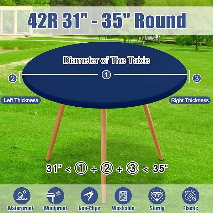 Round Spandex Tablecloth 2 Pack, Elastic Fitted Waterproof Tablecloths for 31"-35" Tables, Stretch Washable Picnic Table Cover for Camping, Dining, Indoor and Outdoor, Navy
