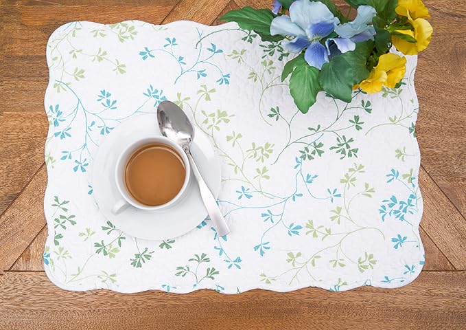 C&F Home Olivia Blue and White Floral Cotton Quilted Reversible Machine Washable Vintage Design Placemat Set 6 Scalloped Edges for Kitchen or Dining Table Rectangular Placemat Set of 6 White