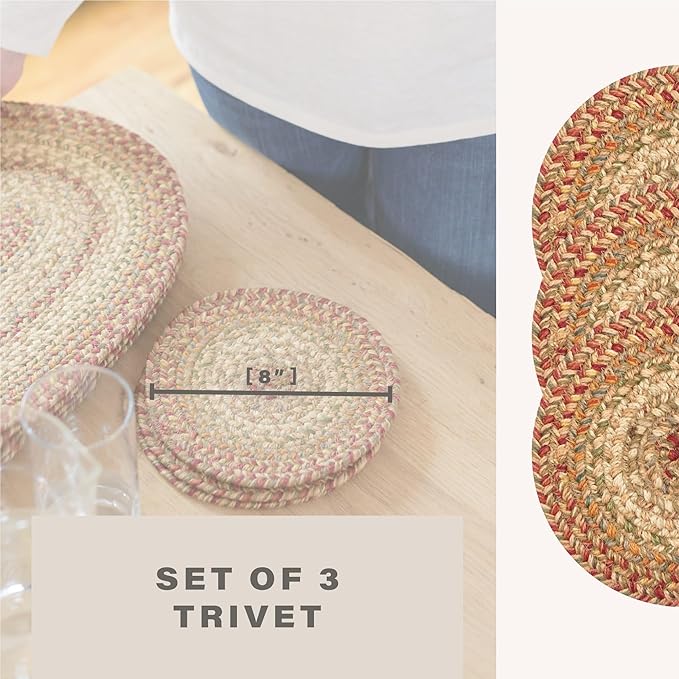 Homespice Harvest Jute Braided Trivets for Table, Warm Country Decor, Set of 3, Multicolor 8" Round Heat Resistant Mats - Rich Colors, Easy to Clean, Durable and Protects Furniture