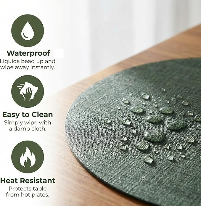 Placemats Set of 4 - Washable Heat Resistant Table Placemats - Wipeable Faux Leather Oval Place Mats, Waterproof Table Mats for Dining Table, Green