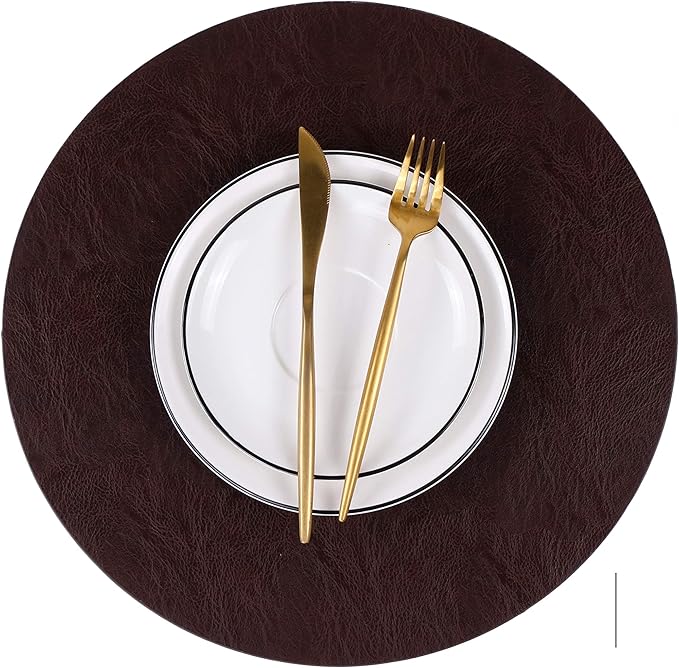 Set of 8 Faux Leather Round Placemats and Coasters, Coffee Mats Kitchen Table Mats, Waterproof, Easy to Clean for Kitchen Dining Round Table