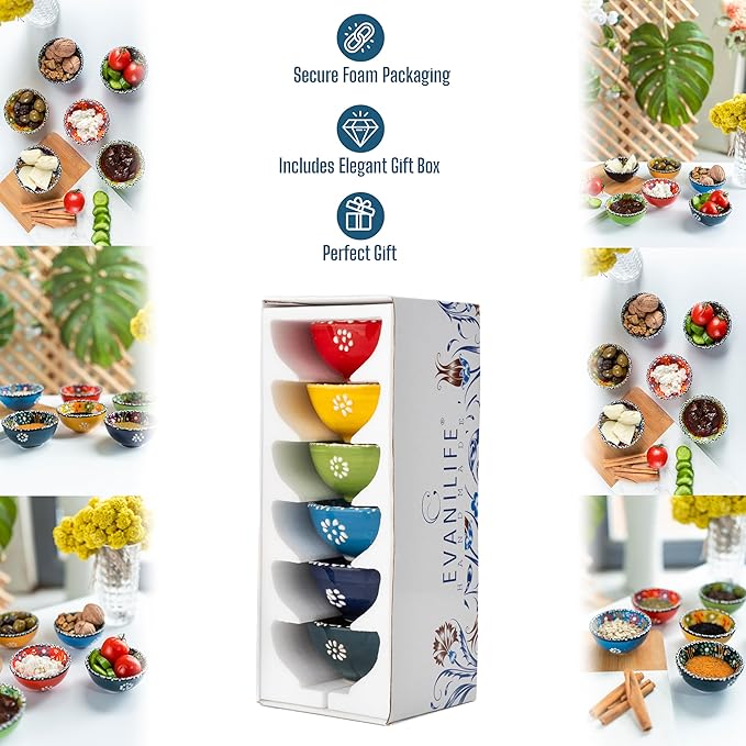 Ceramic Small Dipping Bowls Set of 6, 3.5 Oz Soy Sauce Dish, Handmade Charcuterie, Colorful Pinch, Dishwasher & Microwave Safe, 3.2'' Mini (SULTAN'S GARDEN)