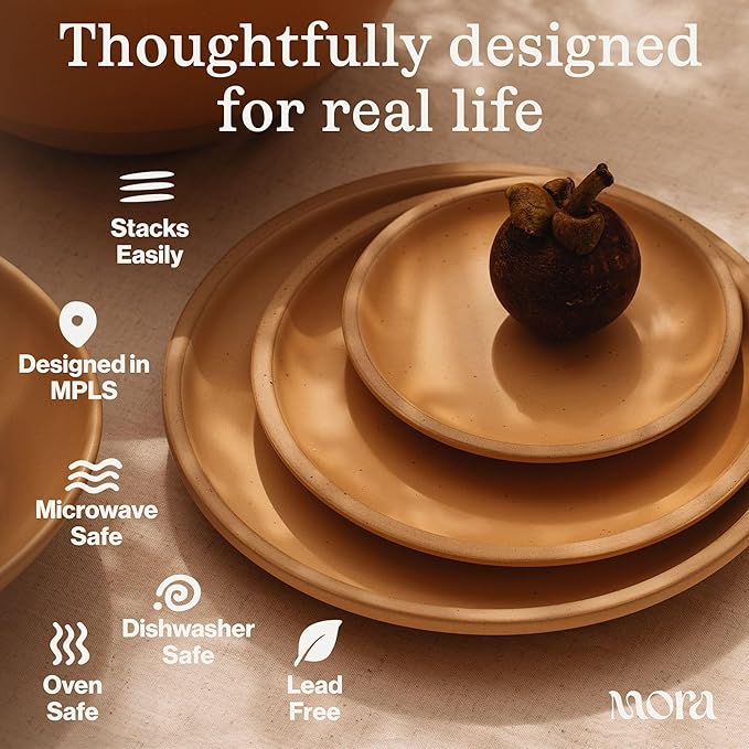 MORA Small Plates Set of 4, 6.5 inch Ceramic Pottery Dessert Plates - Microwave, Oven and Dishwasher Safe - Mushroom