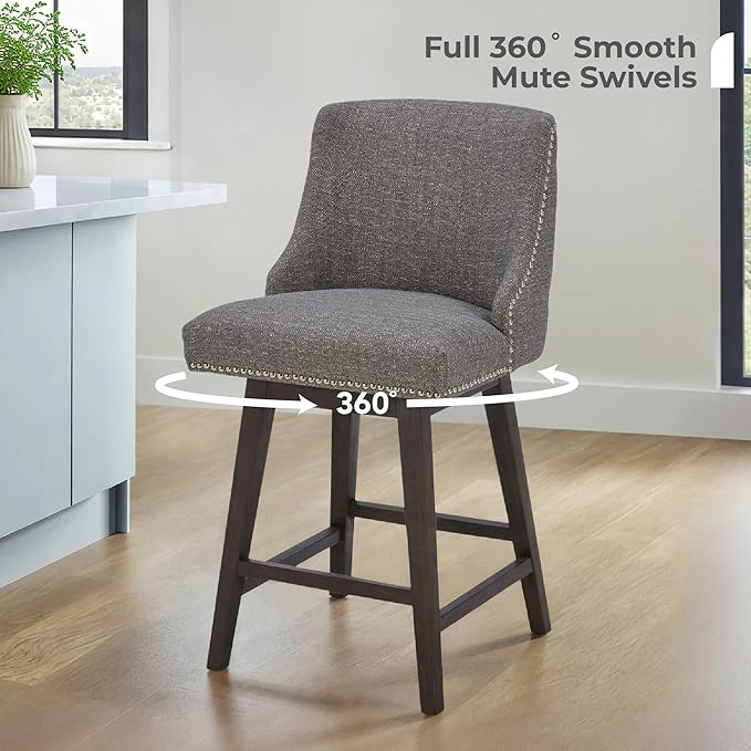 CHITA Counter Height Swivel Bar Stools Set of 3, FSC Certified Upholstered Counter Stools, Modern Swivel Barstools with Wood Legs for Kitchen Island, 26" Seat Height, Fabric in Fog