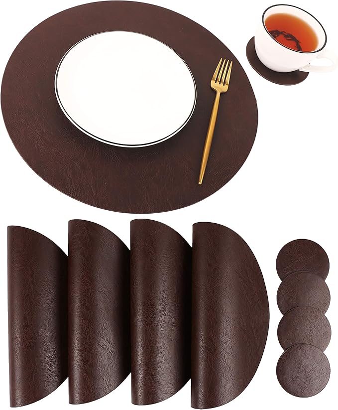 Set of 6 Embossed PU Leather Placemats, Waterproof Coffee Coasters, Kitchen Table Mats, Easy to Wipe Off for Dining Round Table