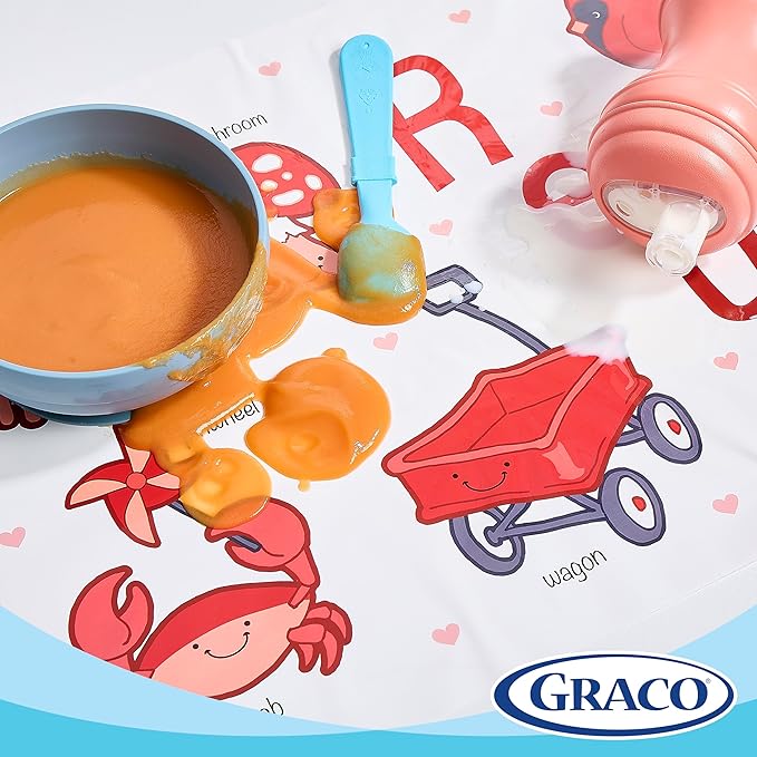 Graco Baby Disposable Stick-On Placemats, 40 Sheets with Assorted Designs, 12" x 18", Adhesive Table Mats for Mealtime, Home & Restaurant Use, Eco-Friendly