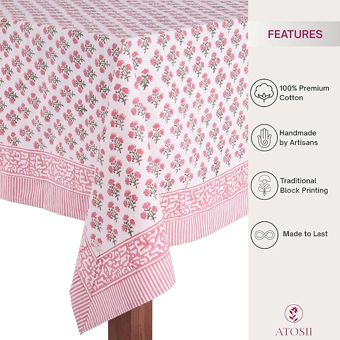 ATOSII Gulbahar White Pink 100% Cotton Fall Rectangle Tablecloth, Hand Block Print Washable Table Cover, Christmas Parties Buffet Dining, Weddings, Thanksgiving, Halloween, 60 X 108 Inches 8 Seater