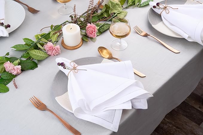 D'Moksha Homes White Linen Napkins Set of 4 - Classic Hemstitch 100% Pure Linen Hemstitch Dinner Napkins 20 x 20 Inch for Valentines, Spring, Easter - Handcrafted and Machine Washable