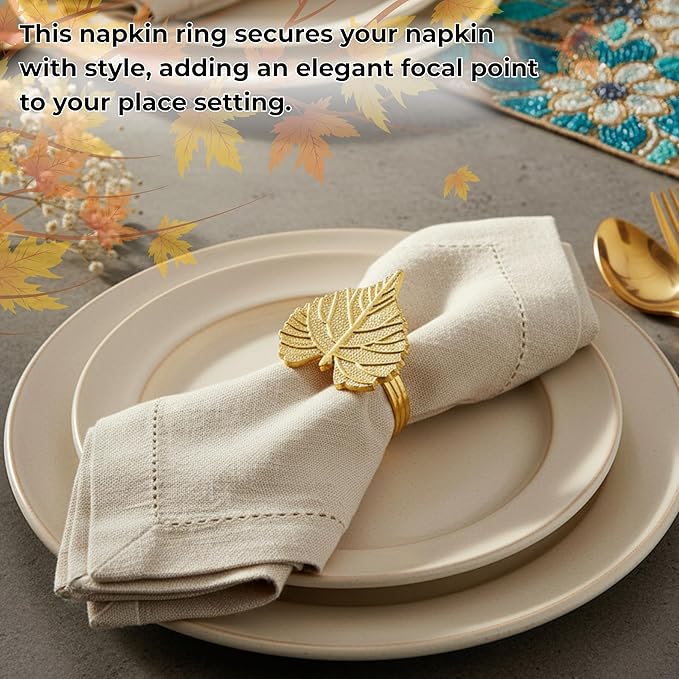 CLEENTABLE Elegant Handcrafted Leaf Napkin Rings - Set of 12 Premium Aluminum Holders for Dinner Parties, Weddings, Special Occasions & Everyday Dining (Gold)