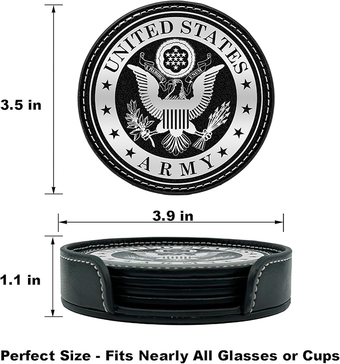 US Army Leather Coaster Set - 4 Premium Coasters with Hot Stamped Foil Logo-Gifts for Soldiers | Disabled Vet Owned Business-US-Army Coaster-Set