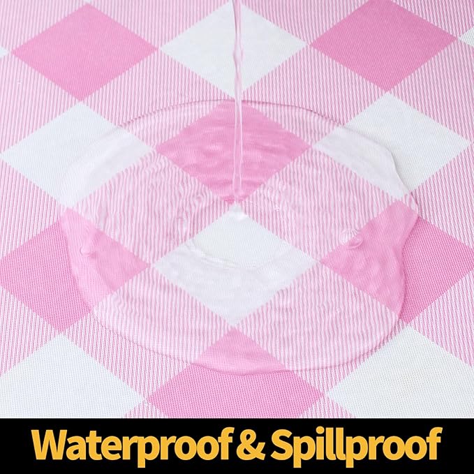 Smiry Rectangle Picnic Table Cloth, Elastic Waterproof Fitted Vinyl Tablecloths, Flannel Backed Buffalo Plaid Table Covers for Dining, Camping, Valentines (White and Pink, 30" x 72")