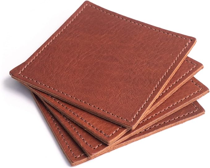 American Made Leather Coasters - Premium Full Grain Leather, Double Layered Square Rustic Brown Coaster Set, 4”x4” - Handmade in The USA - Set of 4