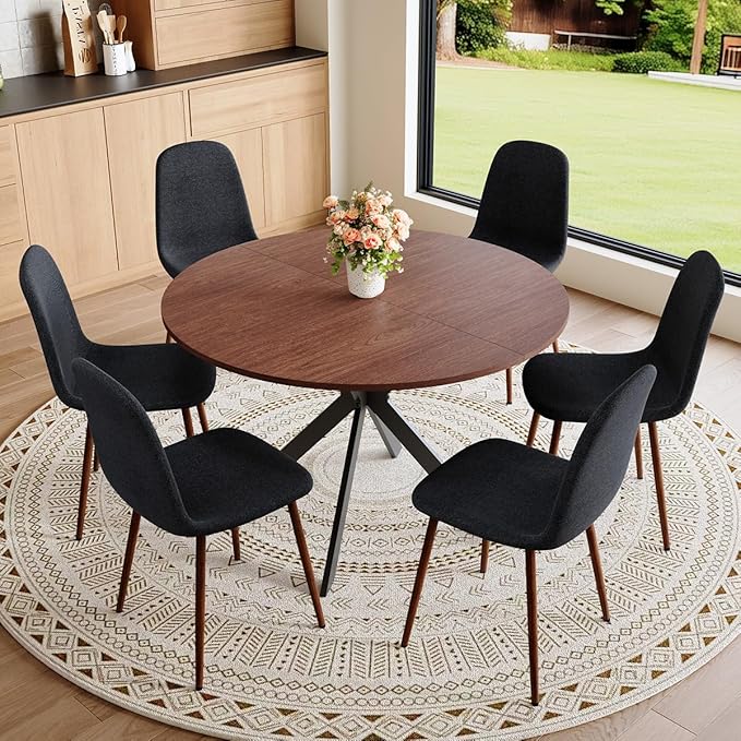 Round Dining Table Set for 6｜42"-54" Extendable Dining Room Table Set｜Wooden Kitchen Table with 6 Chairs｜Mid Century Modern Dinner Table Set with Cross Legs｜Easy Assembly｜Space Saving