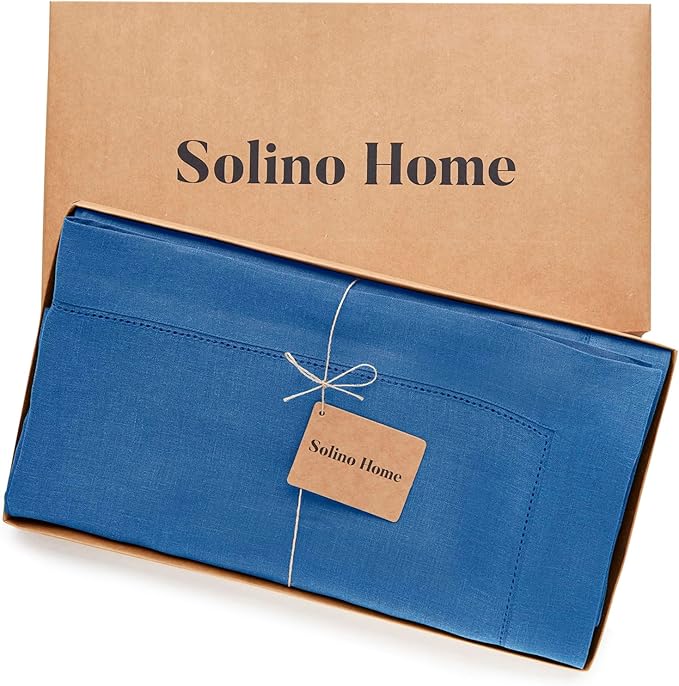Solino Home Linen Tablecloth 60 x 108 Inch - Classic Hemstitch 100% Pure Linen Indigo Blue Table Cloth for Rectangle Tables - Machine Washable Tablecloth for Winter, Spring, Easter