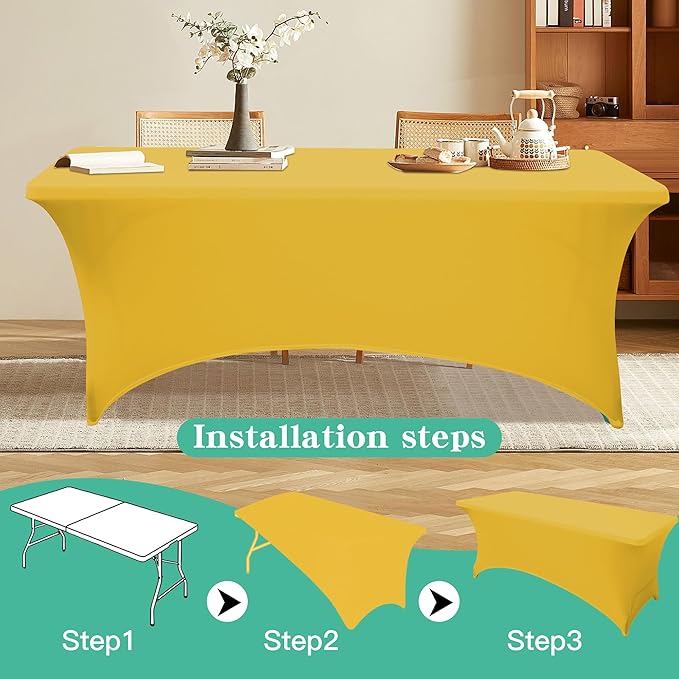 6Pack 6FT Table Cloth for Rectangular Fitted Events Stretch Yellow Table Covers Washable Spandex Tablecloth Protector for Party, Wedding, Cocktail, Banquet, Festival