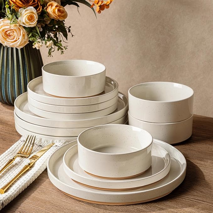 AmorArc Ceramic Dinnerware Set for 8 | Speckled Stoneware Plates and Bowls with Rustic Terracotta Underside| Scratch Resistant,Dishwasher & Microwave Safe Dishes Sets- 24pcs