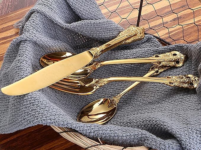 Gold Silverware Set 18/10 Stainless Steel Flatware Sets Palace Style 56 Piece Delicate Cutlery Set for 14 Durable Home Kitchen Wedding Tableware Utensil Include Knifes Teaspoons Forks and Spoons