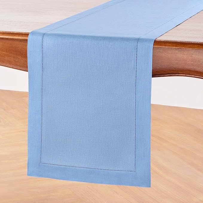 Solino Home Linen Cornflower Blue Table Runner 72 Inches Long - 100% Pure Linen Hemstitch Table Runner 14 x 72 Inch for Dresser, Dining, Spring, Easter - Classic Hemstitch