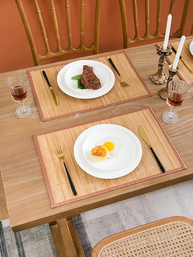 ANDSTAR Set of 8 Pcs Bamboo Placemats with Fabric Border Sushi Rolling Mat Japanese Style Natural Anti-Slip Bamboo Placemats Washable Heat-Resistant Table Mats for Dining Room and Kitchen（Coffee）