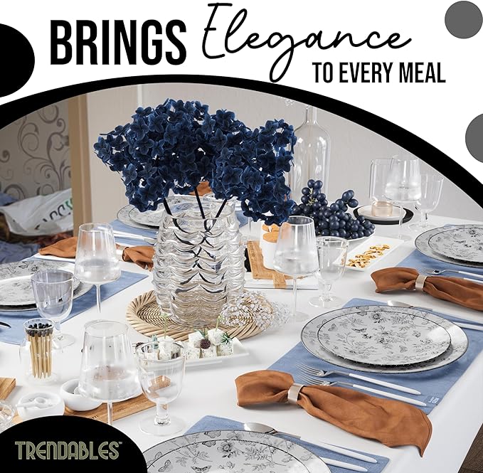 Trendables Disposable Plates For Party Supplies | Black Floral Plastic Plates For Wedding 200 Pcs - 100 X 8 & 100 X 10 Dinner Plate Sets | Floral Plate Set Disposable Plastic Dinnerware Sets