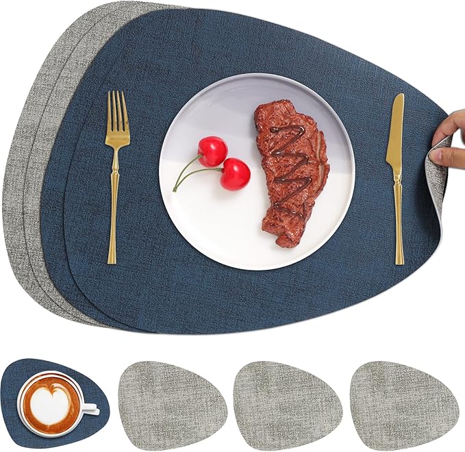 Placemats and Coasters, Washable Reversible Placemats Round Faux Leather Wipeable Place Mats Non Slip Heat Resistant Indoor Outdoor Table Mats (Set of 4, Gray Blue)