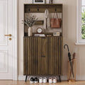Tall Shoe Cabinet with Coat Rack,Fluted Shoe Cabinet Storage for Entryway, Walnut Hidden Shoe Cabinet with Metal Legs,Shoe Organizer Cabinet, Slim Entryway Shoe Storage Cabinet （31.5in）
