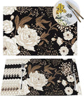Placemats Set of 6 Vintage Peony Place Mats Beige Floral Leave Rustic Black Woven Table Mats Washable Beige Flower PVC Placemat for Dining Kitchen Decor Indoor Outdoor, 12 x 18 Inch