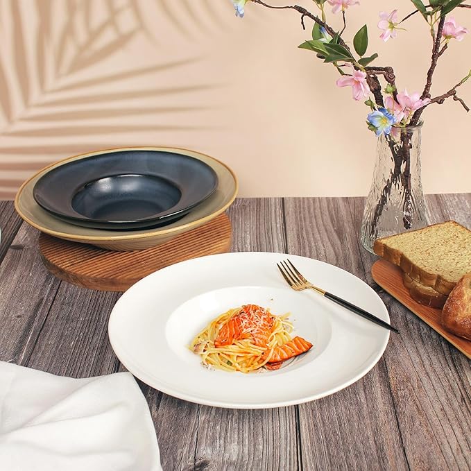 Pasta Plates with Rim 6.8 oz, Soup Bowl Pasta Bowl Set of 4, White Shallow Bowl Plate, Ceramic Wide Rimmed Soup Bowl, Best choice for high-end restaurants, hotels, and foodies, 9.2 Inch