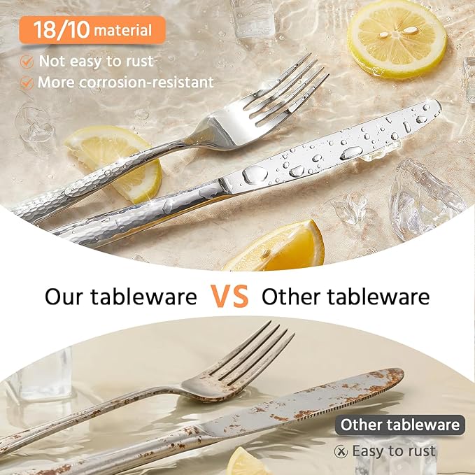 Kingstone Hammered Silverware Set, 40-Piece Flatware Set for 8, 18/10 Stainless Steel Heavy Duty Cutlery Set, Mirror Polished Utensil Sets for Home, Restaurant, wedding, Dishwasher Safe