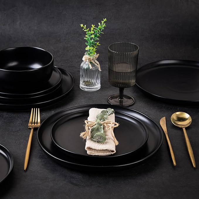 AmorArc Ceramic Dinner Plates Set of 6, Wavy Rim 10.25 Inch Stoneware Dish Set, Dinnerware Plates for Kitchen-Microwave&Dishwasher Safe, Scratch Resistant-Reactive Glaze Matte Black
