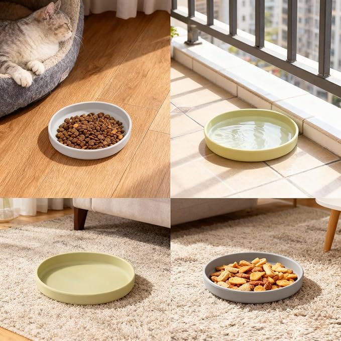 Silicone Cat Bowl Shallow Non-Slip Cat Dishes Relief Whisker Fatigue Small Pet Dog Bowls for Dry & Wet Food, Set of 2