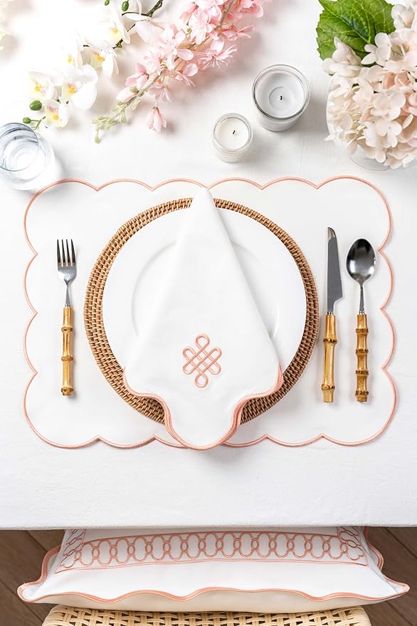 Hofdeco Premium Coastal Patio Indoor Outdoor Placemat Set of 4, 14"x19" Double-Layered, Waterproof Cloth Placemat for Kitchen or Dining Table. Blush Pink Embroidered Solid A