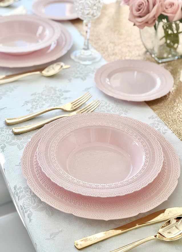 " OCCASIONS " 120 Plates Pack,(60 Guests) Extra Heavyweight Vintage Wedding Disposable/Reusable Plastic Plates 60x11'' Dinner+60 x 8.25'' Salad/Dessert Plate (Chateau Blush Pink)
