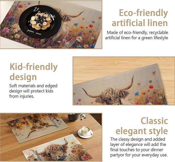 Highland Cow Flowers 12x18 Inch Placemats Set of 6 - Waterproof, Non-Slip & Washable Summer Fall Placemats for Kitchen & Dining Table Placemats