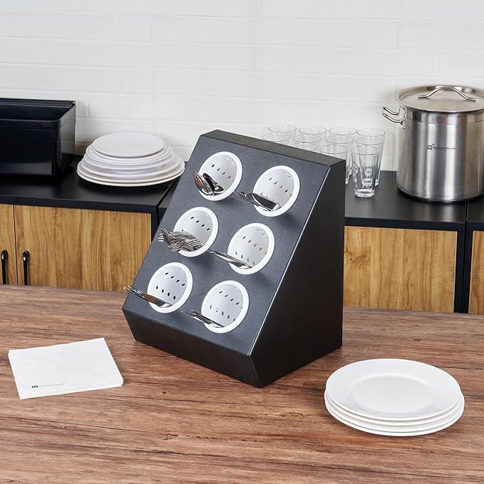 Restaurantware-Met Lux 13.78 x 11.42 x 15.94 Inch Flatware Organizer, 1 Standing Cutlery Holder - Includes 6 Plastic Cylinders, Perforated Design, Black Plastic Utensil Holder, For Breakroom