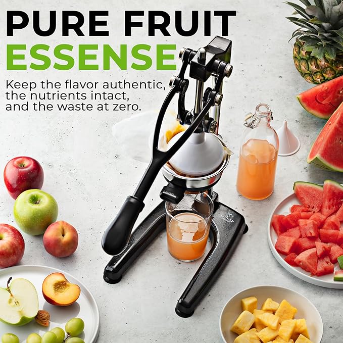 Zulay Kitchen Pulverizer 9 in 1 Cast Iron Juicer - Easy-to-Clean Heavy-Duty Manual Juicer with Presser Attachment to Juice All Types of Fruits! Extra Tall with Stainless Steel Bowl - Black