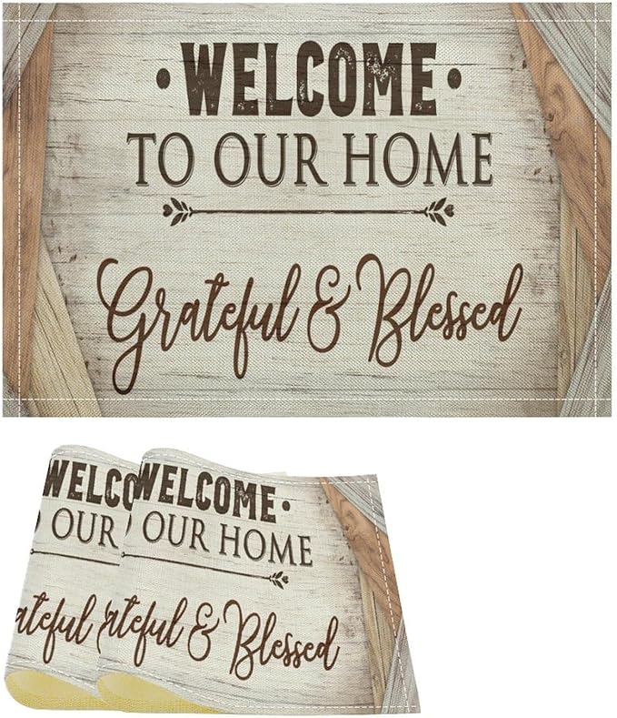 Vintage Farmhouse Placemat Set, Beige White Rustic Wooden Plank Patchwork Welcome Home Letter Inspirational Quotes Pattern Home Decor Linen Table Mats for Dining Room Kitchen Party (17x12in) x2P