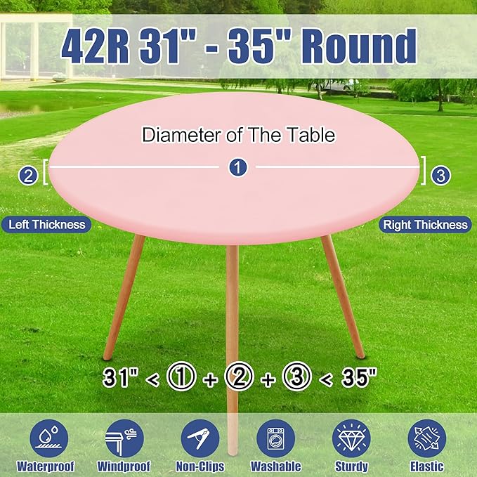 Round Spandex Valentines Day Tablecloth, Elastic Fitted Waterproof Tablecloths for 31"-35" Tables, Stretch Washable Picnic Table Cover for Camping, Dining, Indoor and Outdoor, Pink
