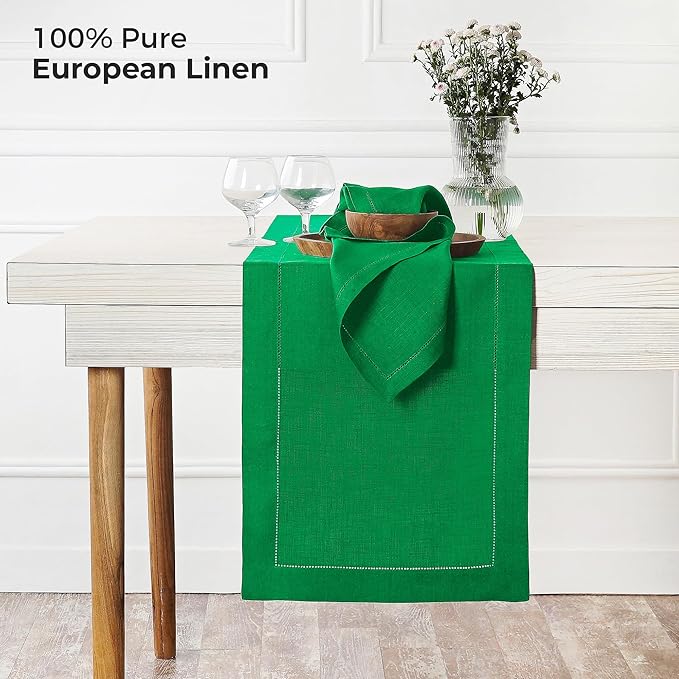 D'Moksha Homes Linen Kelly Green Table Runner 144 Inches Long - 100% Pure Linen Extra Long Table Runner 14 x 144 Inch for St Patricks Day, Easter - Classic Hemstitch