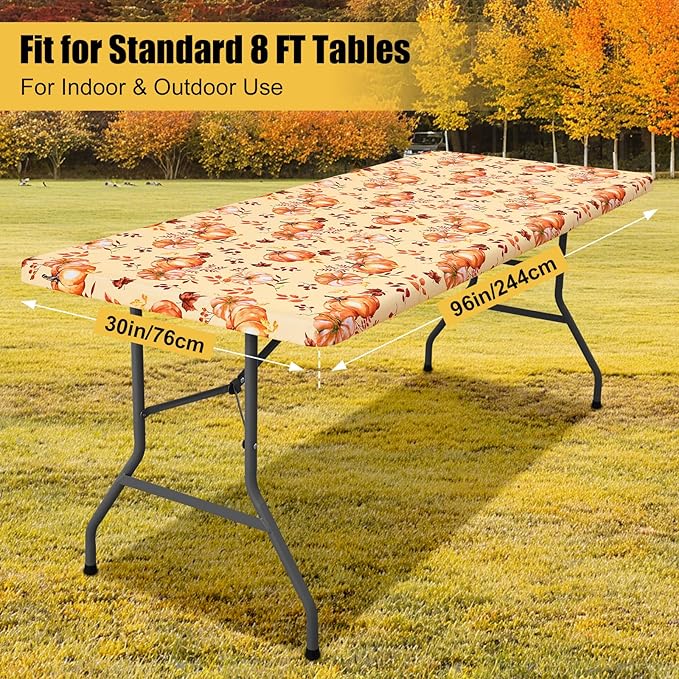 Smiry Rectangle Thanksgiving Table Cloth, Waterproof Elastic Fitted Tablecloths for 8 Foot Tables, Washable Polyester Table Cover for Autumn Harvest Parties (Pumpkin Leaf, 30"x96")