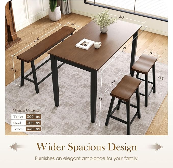 Sophia & William Dining Table Set for 4, Wooden Kitchen Table Set with Bench and 2 Chairs, Space-Saving Farmhouse Dining Sets,Walnut & Black